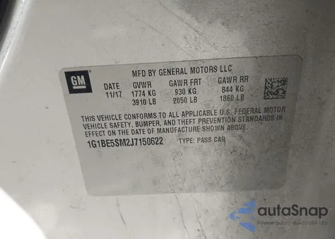 2018 Chevrolet Cruze Lt Auto из США, поврежденный, VIN 1G1BE5SM2J7150622